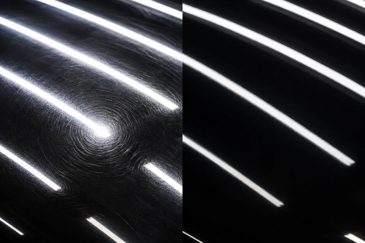 Illustrative comparison of swirl-marked and polished black paint