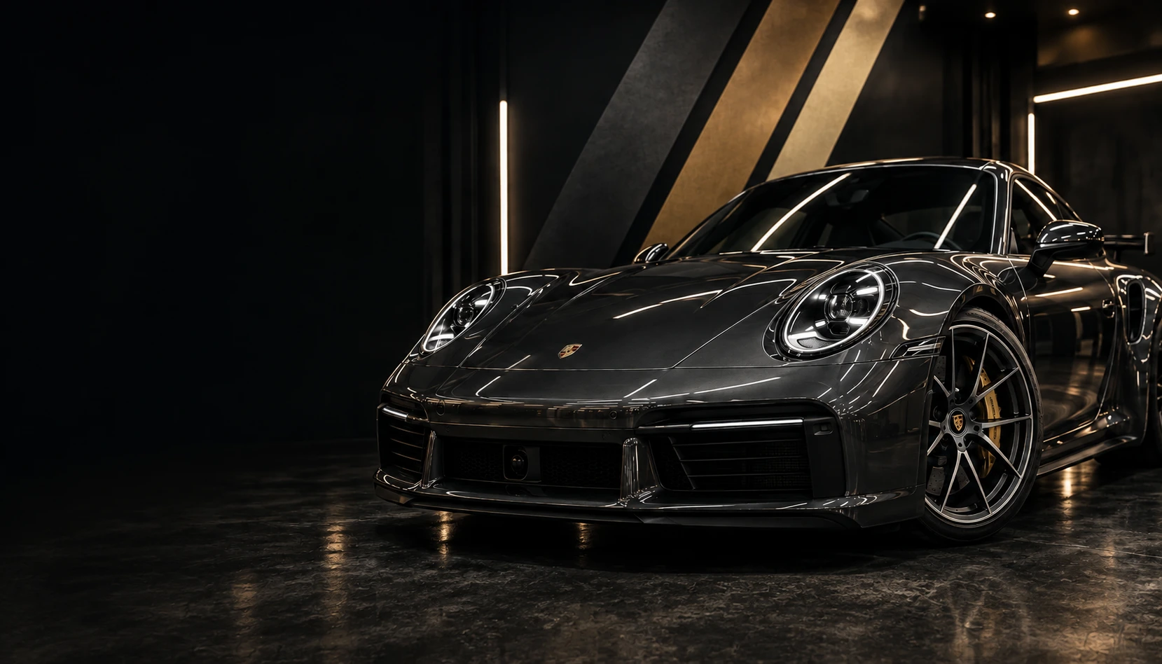 Graphite sports car under studio lighting